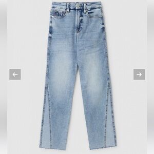 Good American Blue Flare Wide Leg Jeans with Distressed Hem Split Colorblock